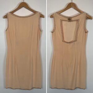 VTG 90's Nite Line Champagne Sequins Beaded Cut Out Back Shift Dress Size 10
